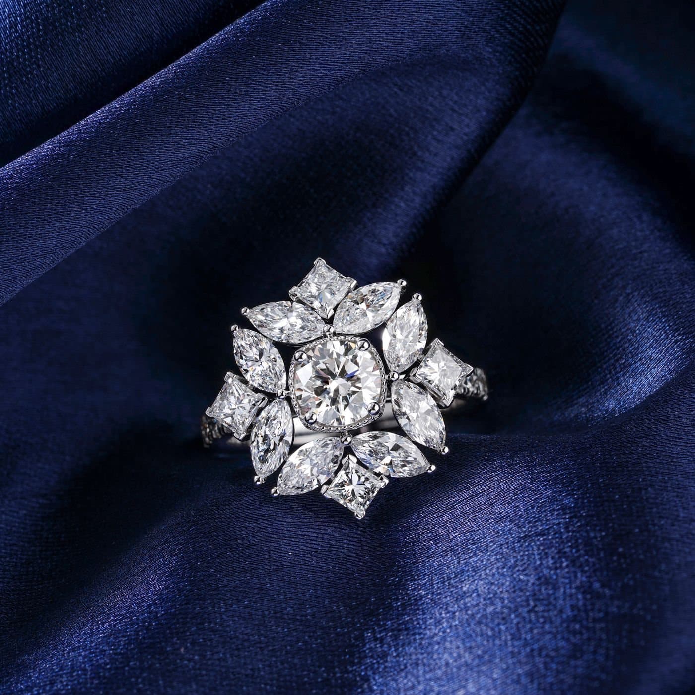 Diamond cluster ring on silk